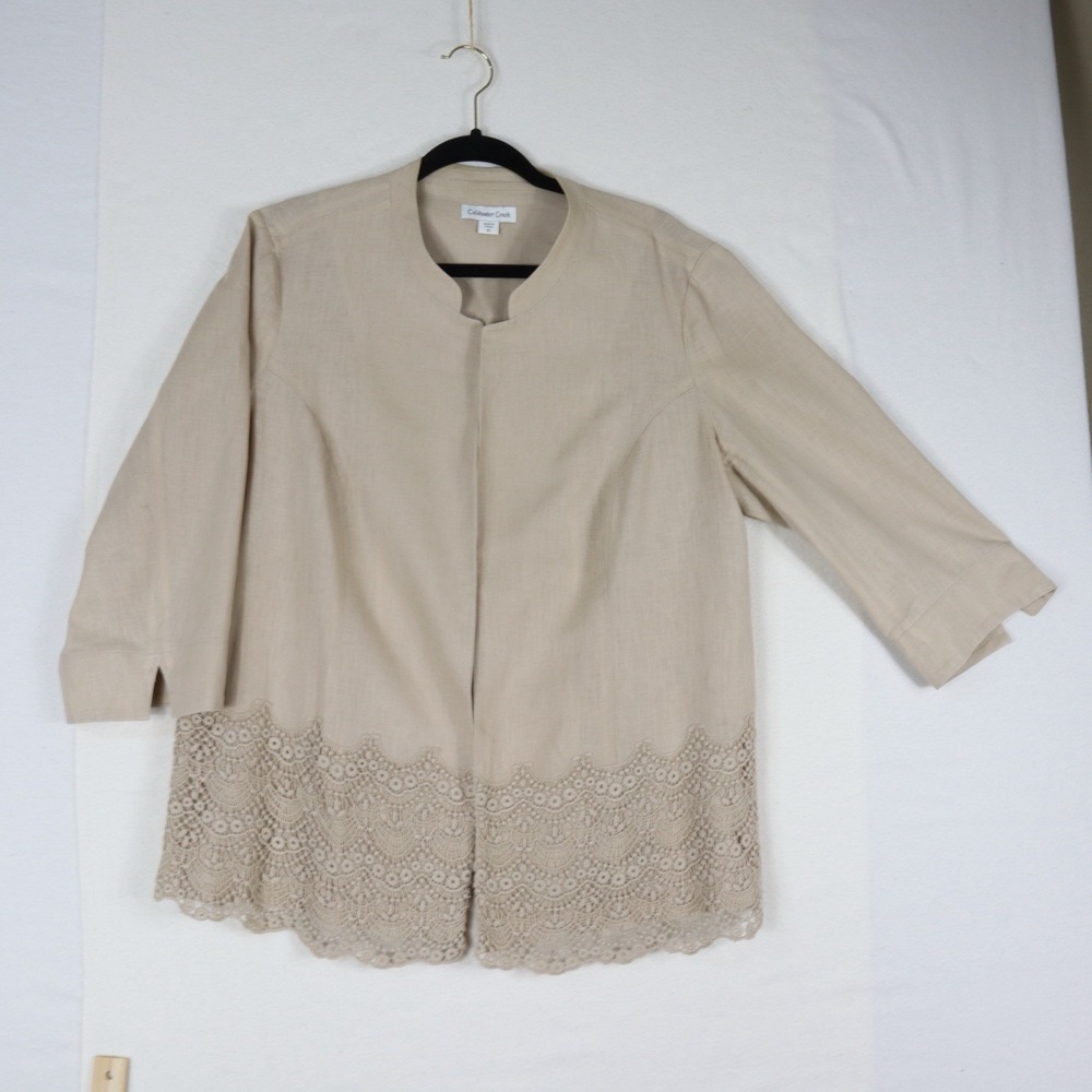 Coldwater Creek Spring  Summer Jacket Beige‎ Linen Blend Lace Trim Boho Artsy 16 - Picture 4 of 7